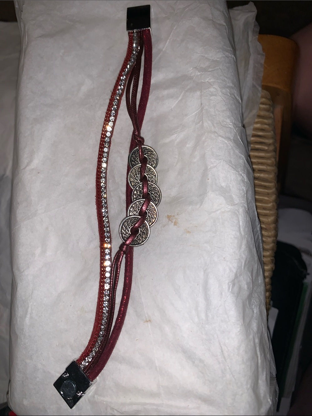 Multi-Row Burgundy Crystal & Coin Bracelet